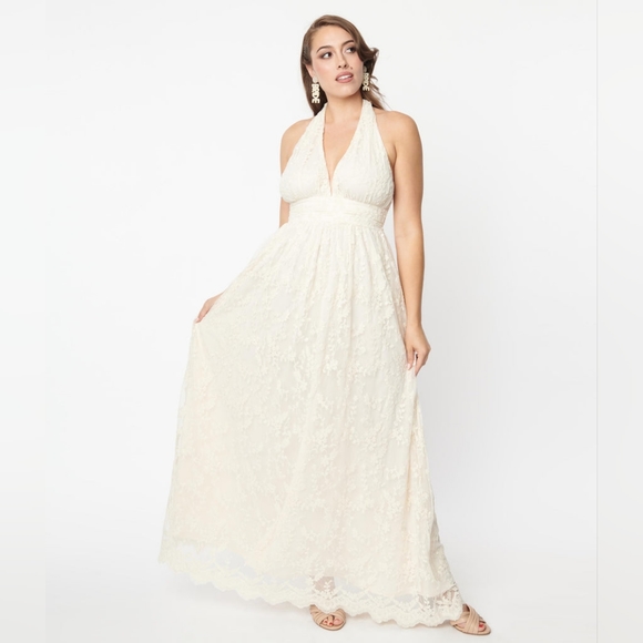 Ivory Lace Halter Bridal Maxi Dress - Picture 1 of 4